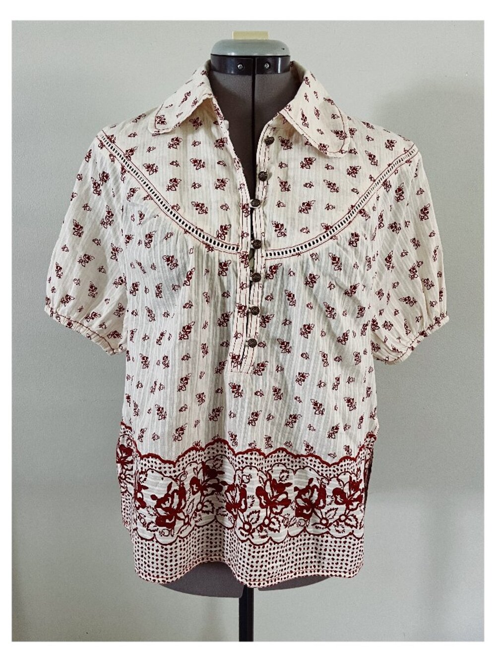 Pilcro Anthropologie Sz S Blockprint Short Sleeve Popover Blouse